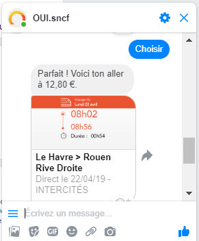 Exemple Messenger acheter billet SNCF social commerce 2