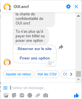 Exemple Messenger acheter billet SNCF social commerce 3