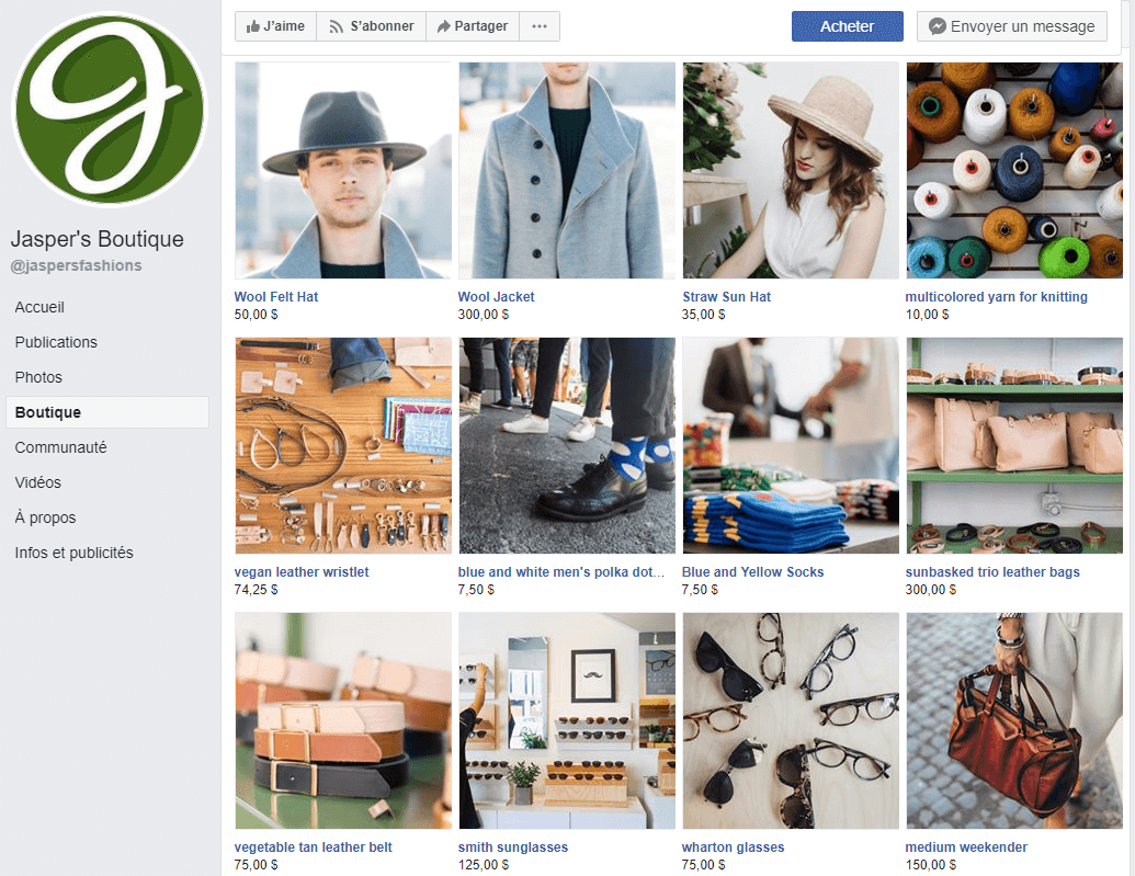 Exemple boutique facebook social commerce Jasper's