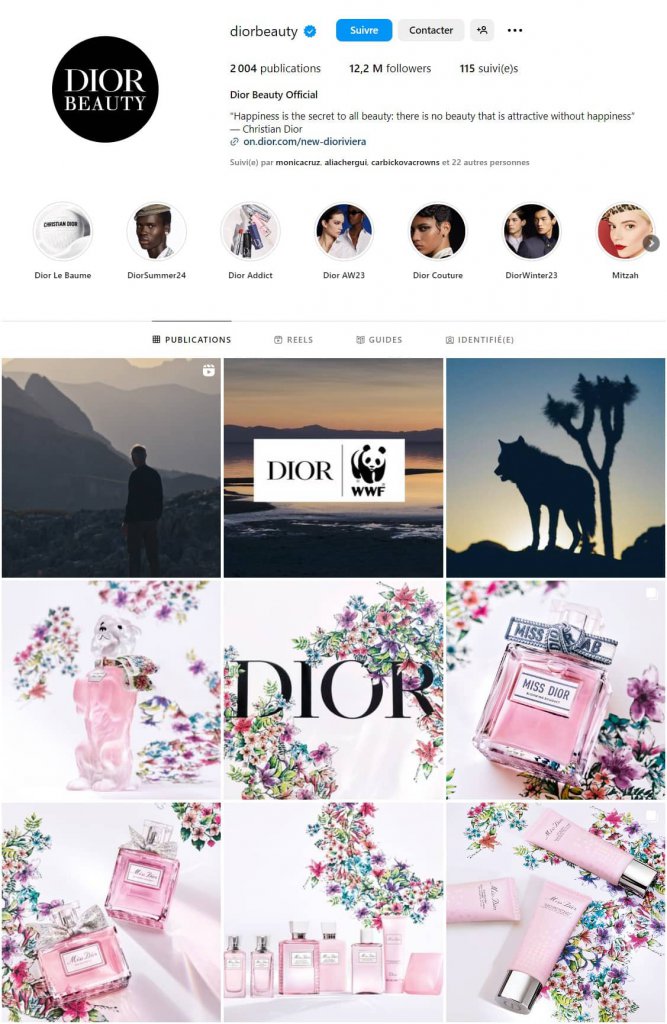 Feed instagram horizontal : l'exemple du compte Dior Beauty